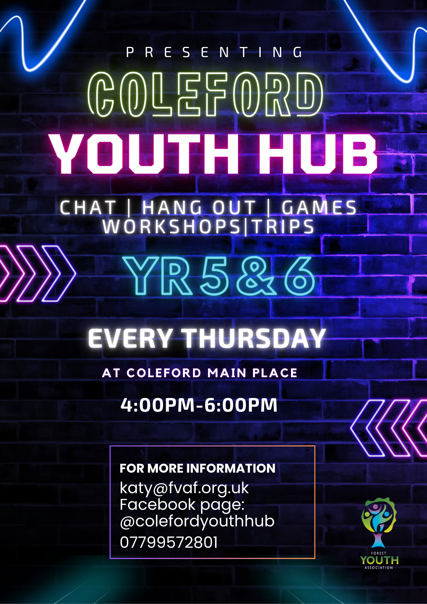 Coleford Youth Hub - Yrs 5 and 6. Every Thursday at The Main Place, Coleford. 4pm-6pm. For more info contact katy@fvaf.org.uk or visit the their Facebook page: @colefordyouthhub